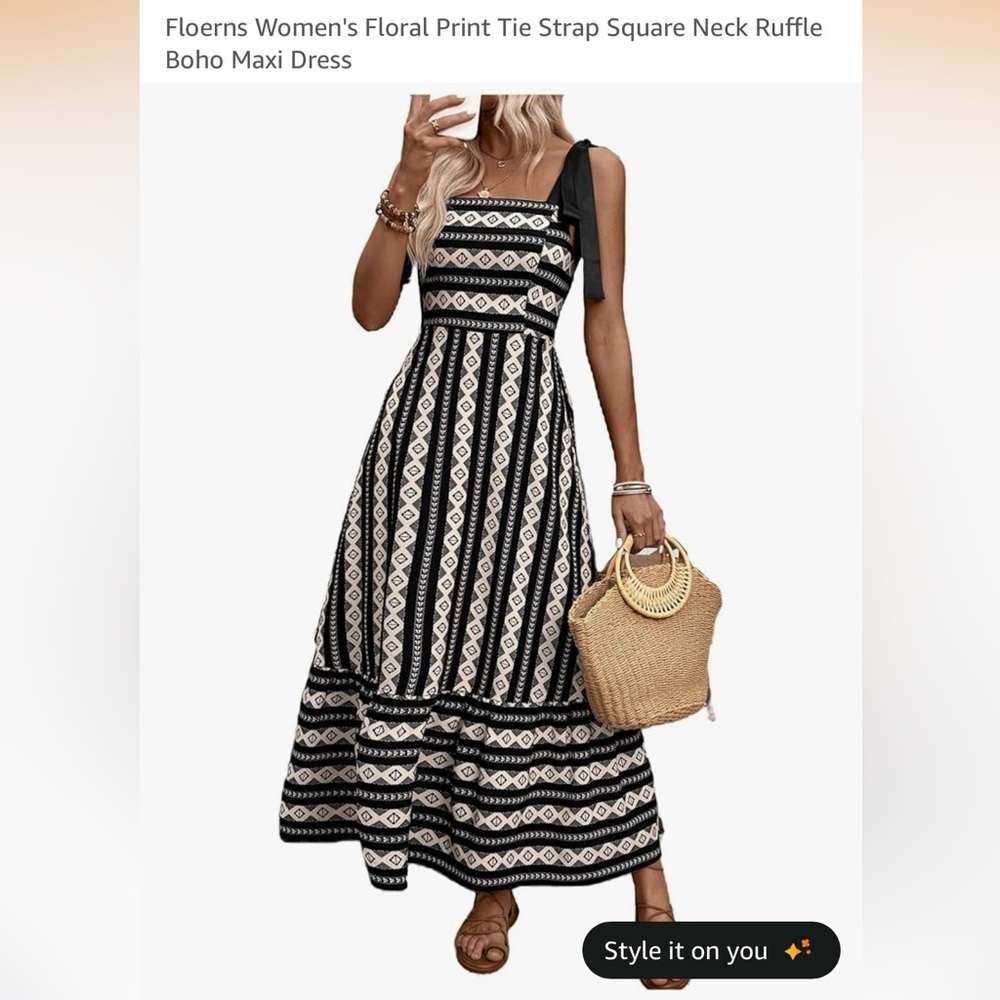 Black & Cream Geometric Tie-Shoulder Maxi Dress